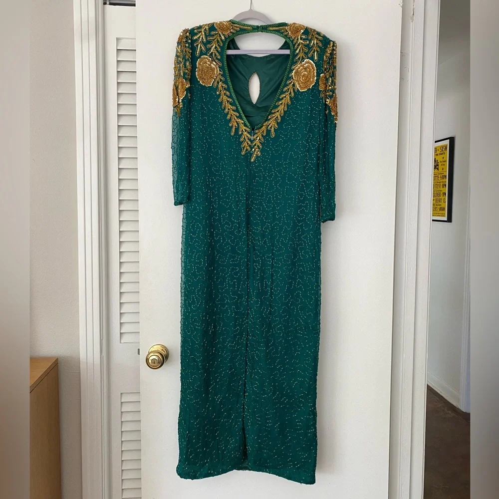 Gorgeous Vintage Elegant Green and Gold Embellished Sequin Dress - Picture 3 of 5
